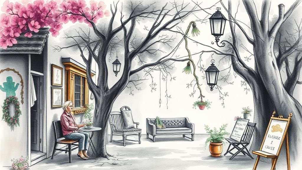 Colorful Scene in Watercolor Style Charcoal Drawing