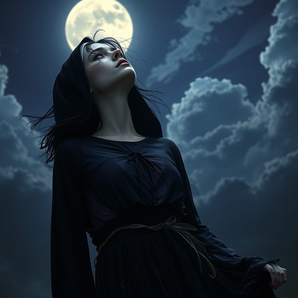 Mournful Gothic nun, mid-length dark hair dishevelled, her f...