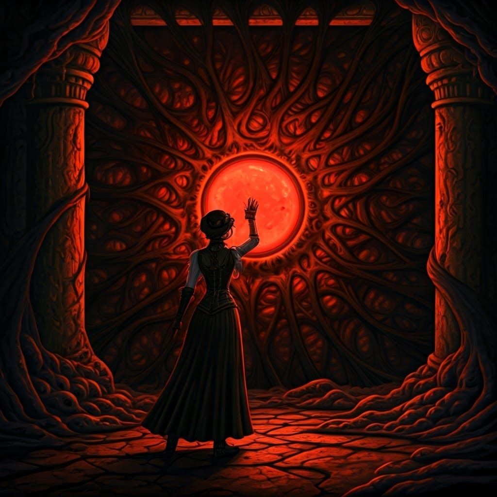 Steampunk Woman Approaches Ancient Red Gateway in Shadowy Te...