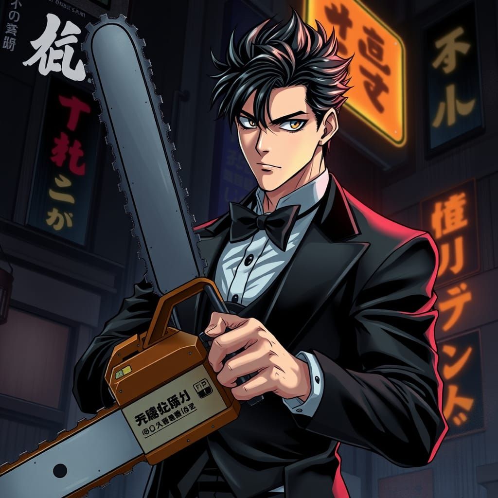 Anime Man with Chainsaw in Manga Style