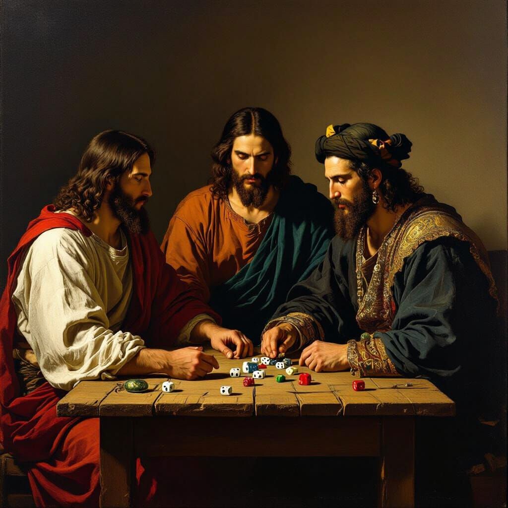 Christ, Buddha, Muhammad and Moses Playing Dice