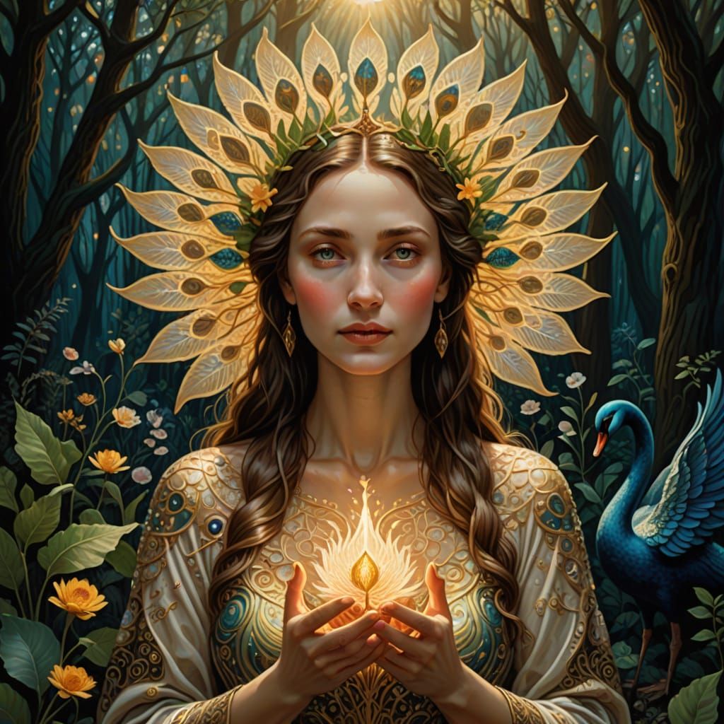 Majestic Goddess Rises with Iridescent Swan Wings and Golden...