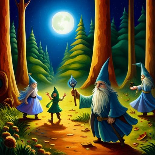 Fairies and Gnomes Dancing in Autumn Fairy Tale Forest