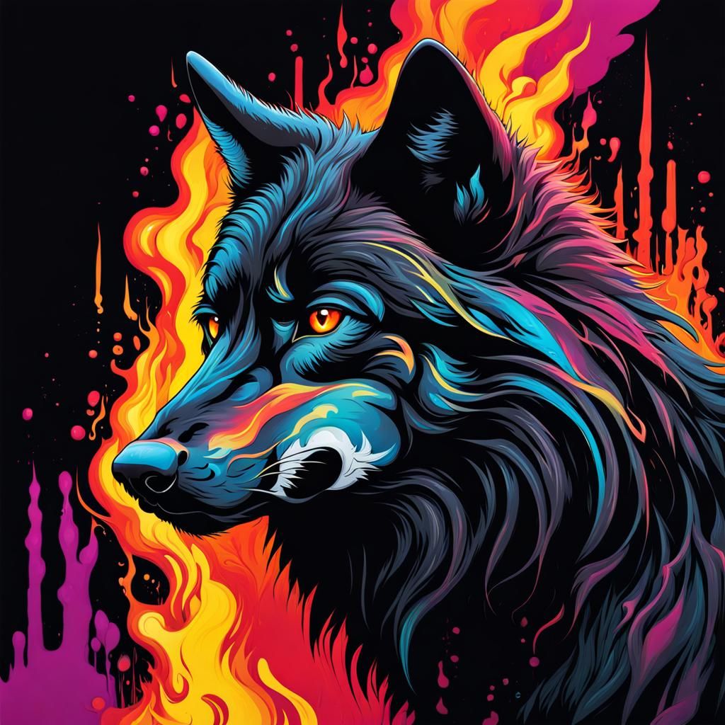 Black Wolf with Flaming Eyes in Graffiti Style