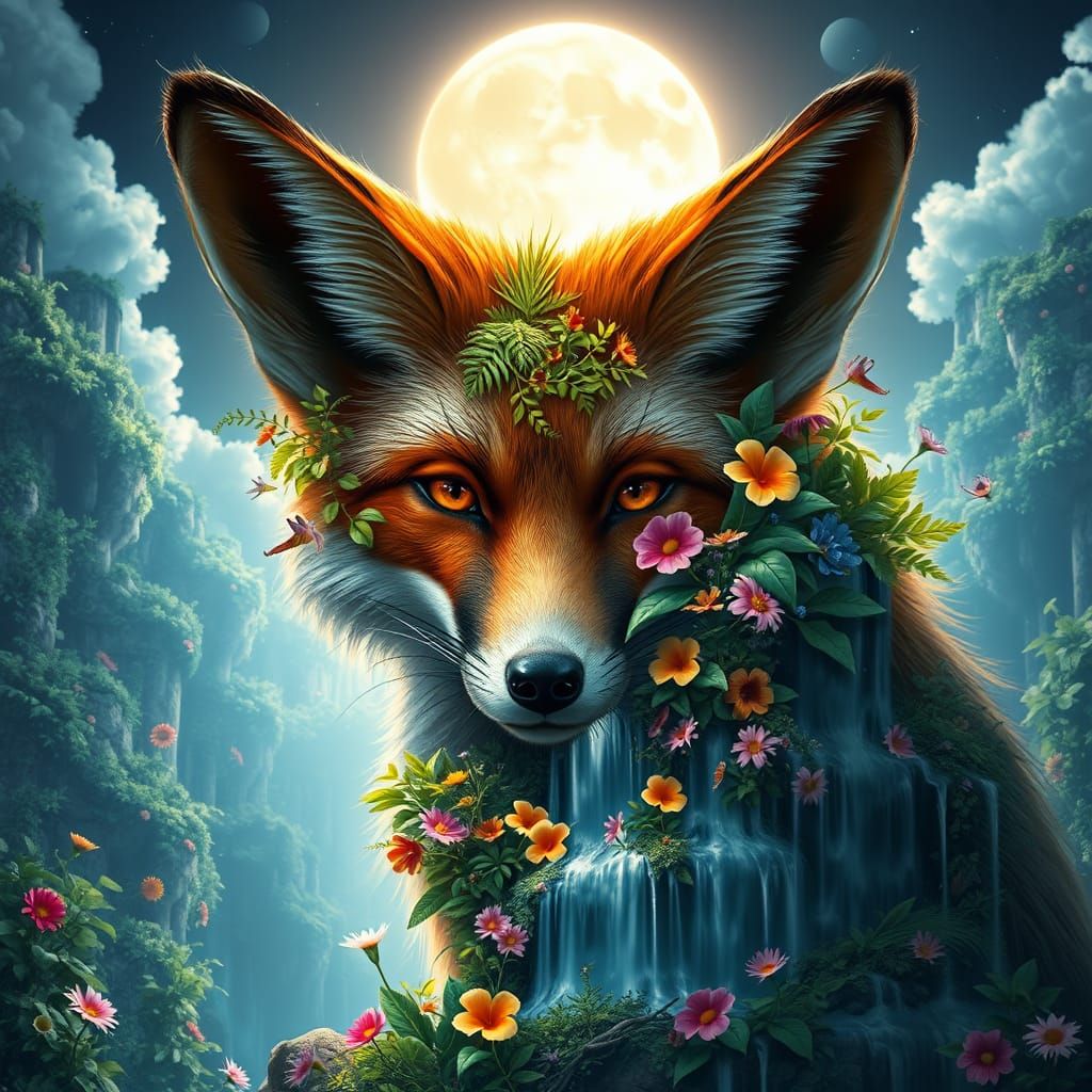 Majestic Lunar Fox in Vibrant Tropical Paradise