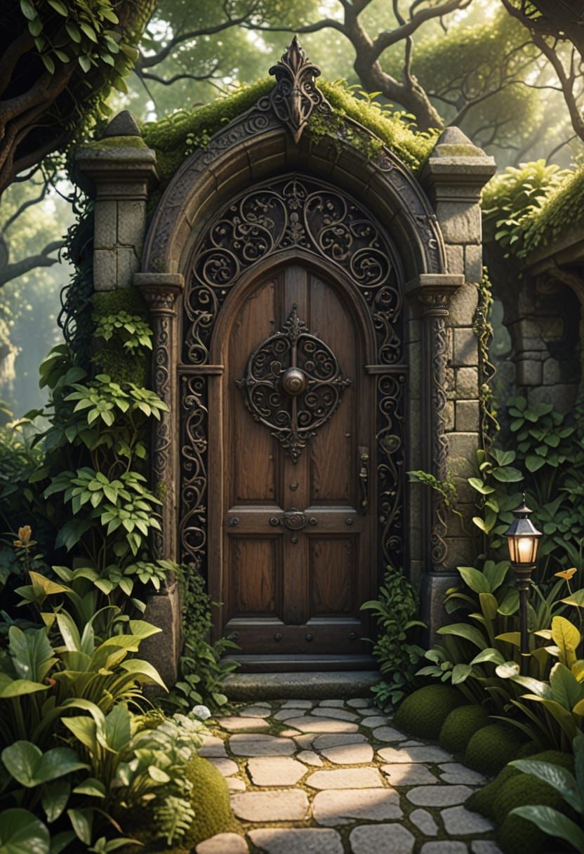 Enchanted Wooden Door in Fantasy Garden Setting