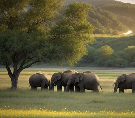 Majestic Elephants Grazing in Lush Habitat