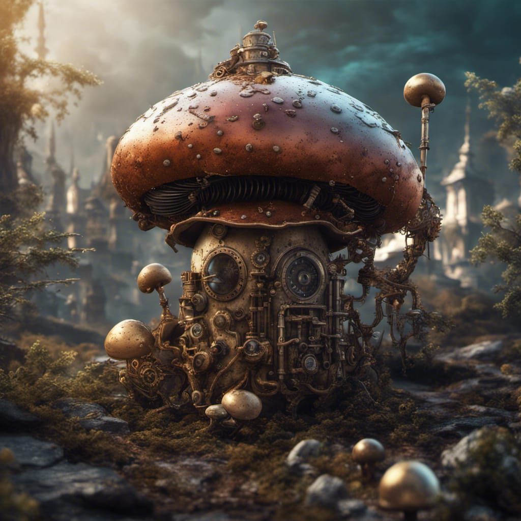 Glittering Steampunk Mushroom in Detailed Matte Painting