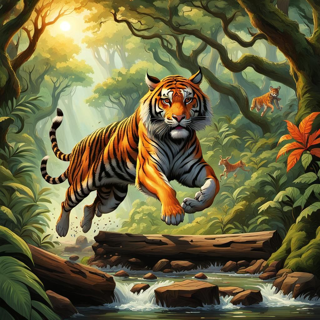 Tiger Chase in Jungle: Dynamic 3D Digital Art
