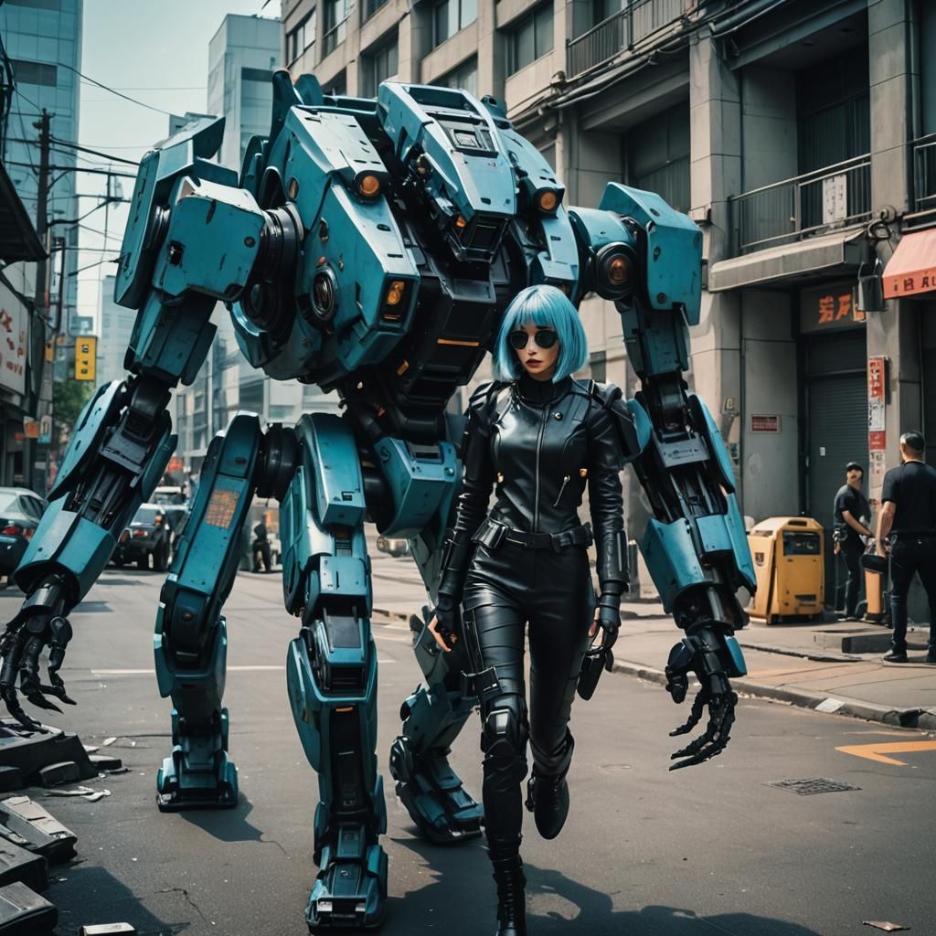 Cyberpunk Girl with Assault Mech in Cityscape
