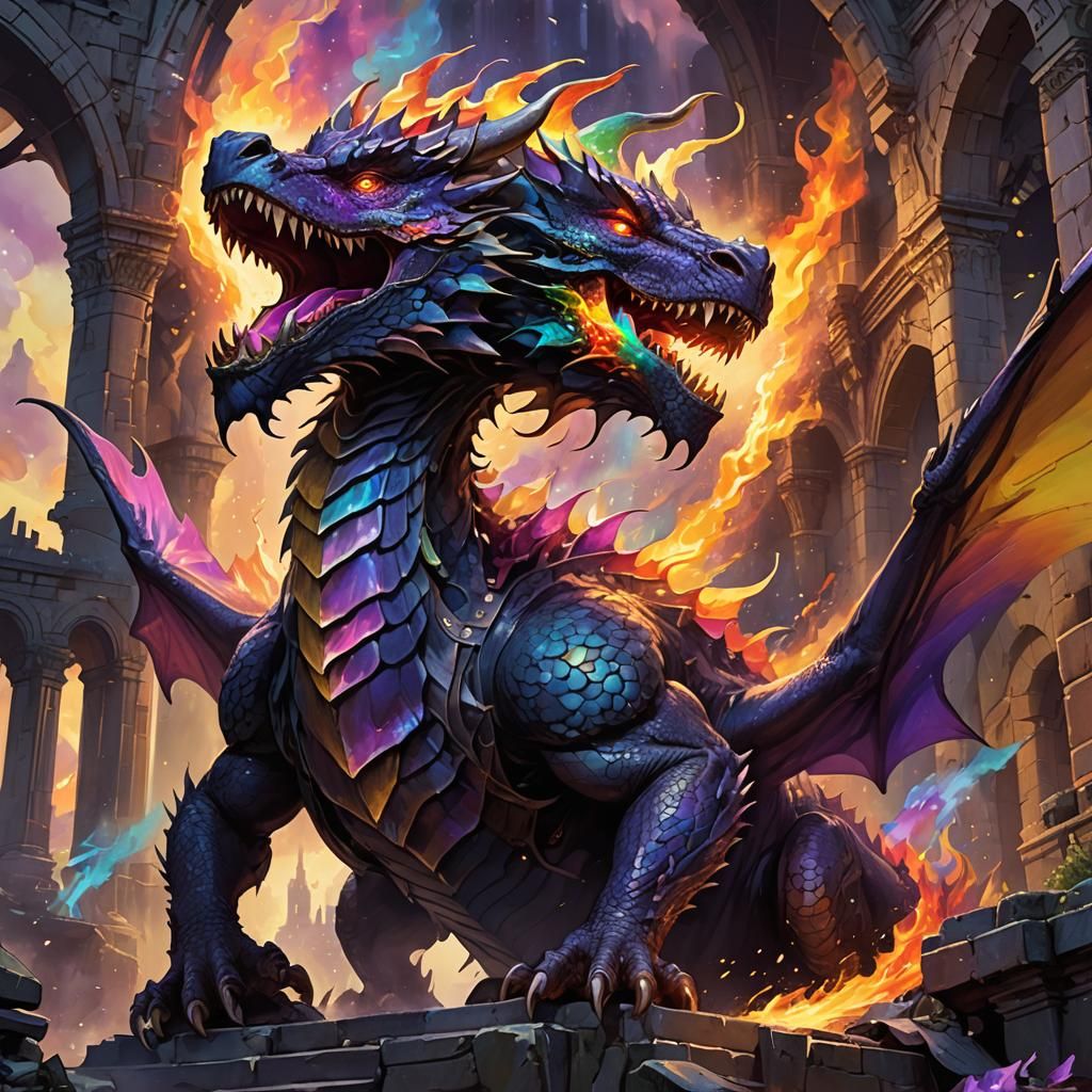 Rainbow Fire Dragon in Dark Fantasy Style