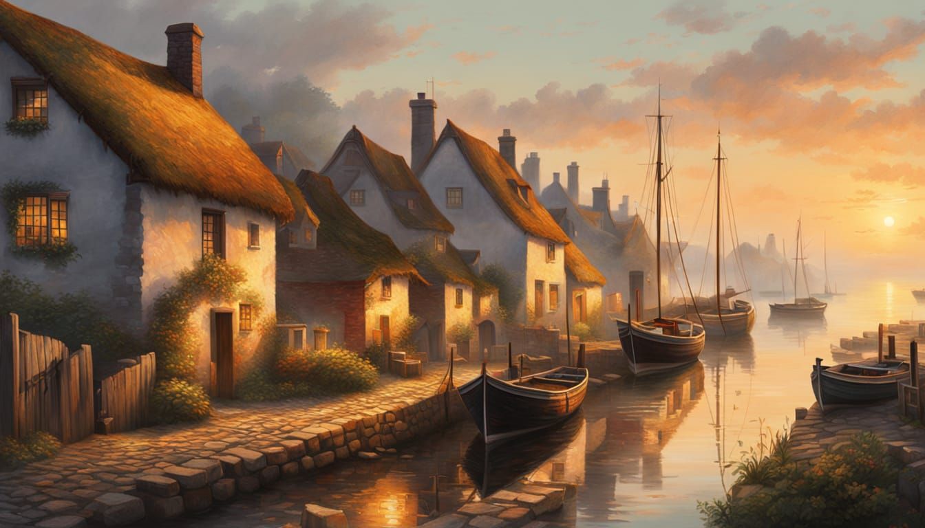 Daybreak in Fishing Village: Traditional Oil Painting