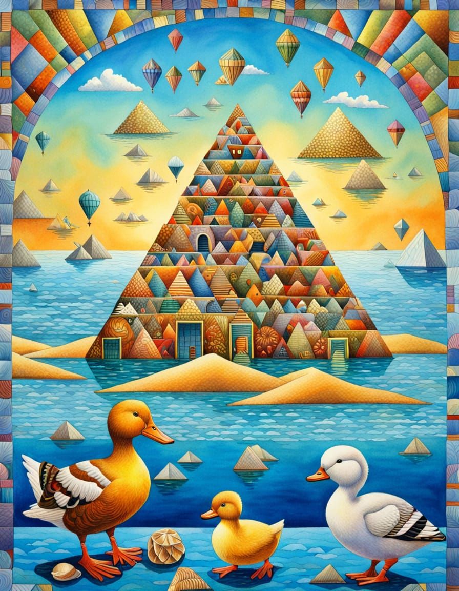 Beach Pyramids with Ducklings: Watercolor Art