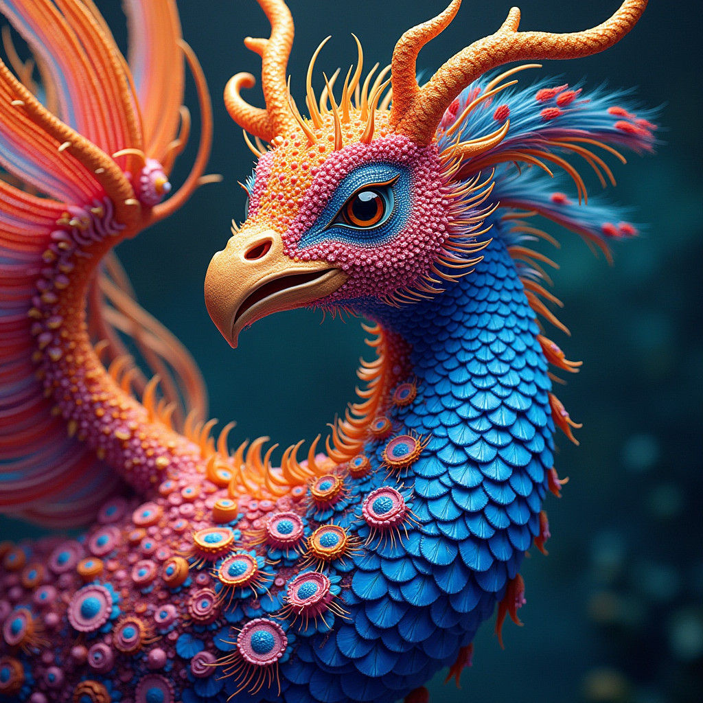 Dragon-Peacock Hybrid in Psychedelic Pointillism Style