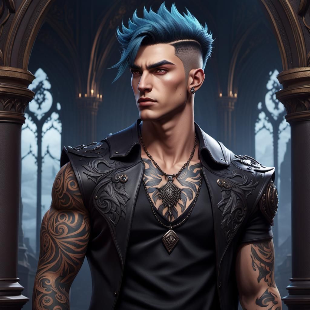 A handsome muscular gothic teenager, tattoos on his shoulder...
