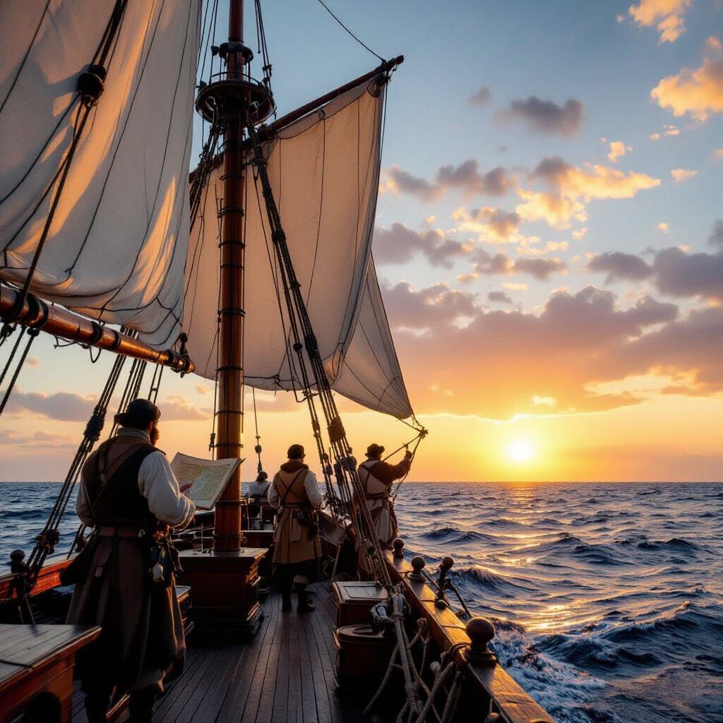 15th Century Explorers Prepare Caravels for Voyage at Sunset