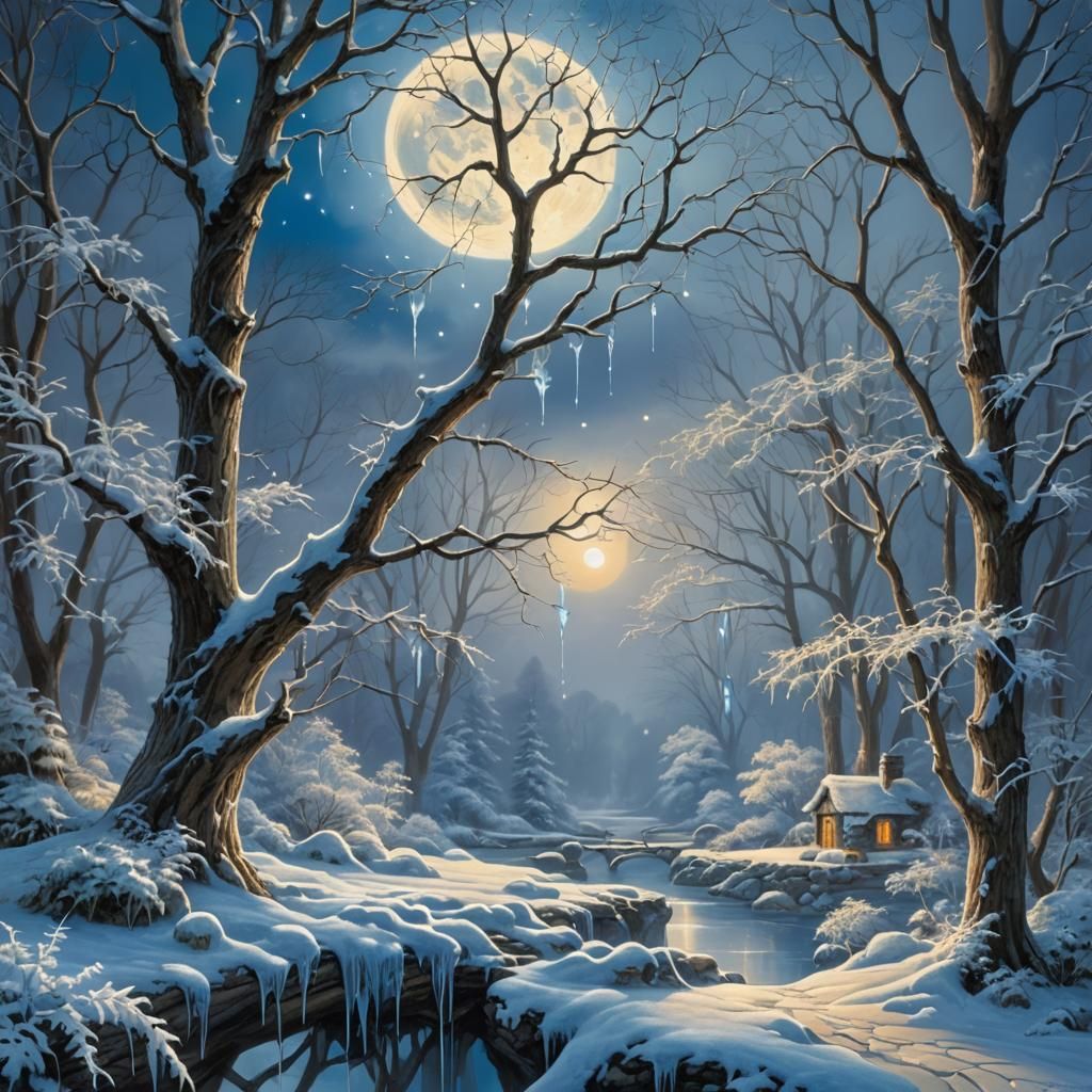 Luminous Blue Spiderweb Under a Full Moon