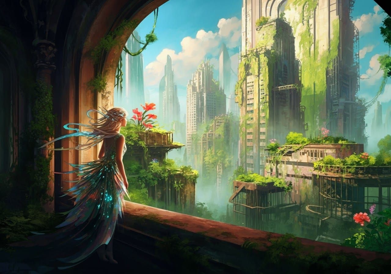 Woman Gazing at Overgrown Metropolis in Impressionist Style