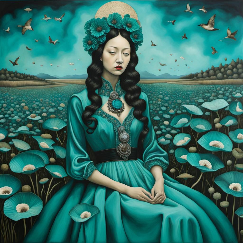 Surreal Teal Mixed Media Scene in Figurative Realism