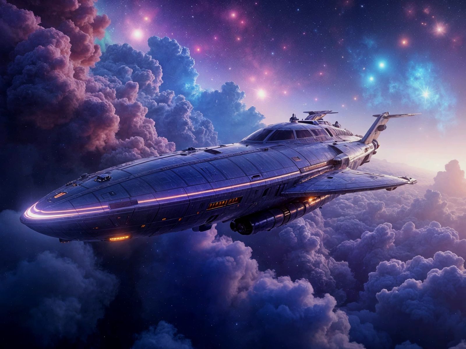 Chrome Spaceship Glides Through Colorful Nebula