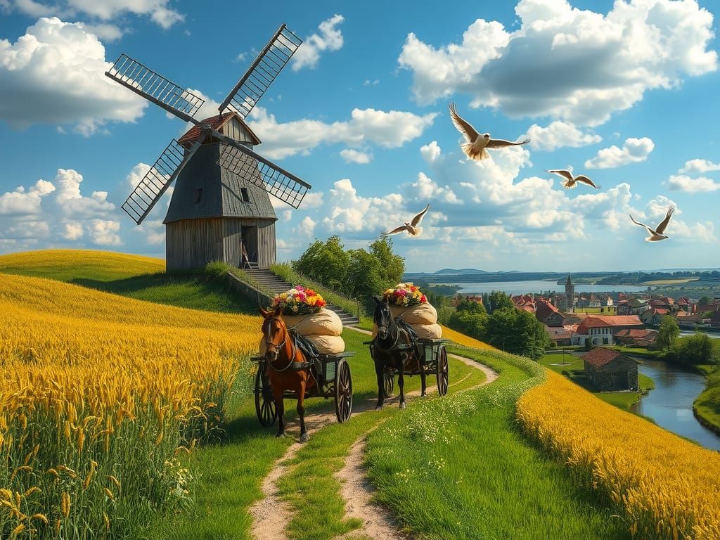 Picturesque Medieval Windmill Landscape in Impressionist Sty...