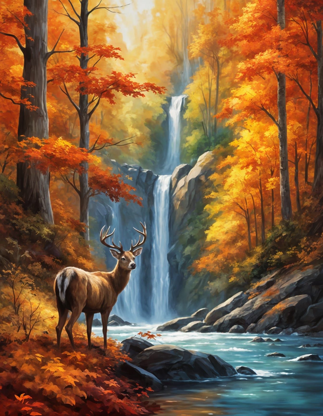 Vibrant Autumn Waterfall Scene with Deer Concept Art