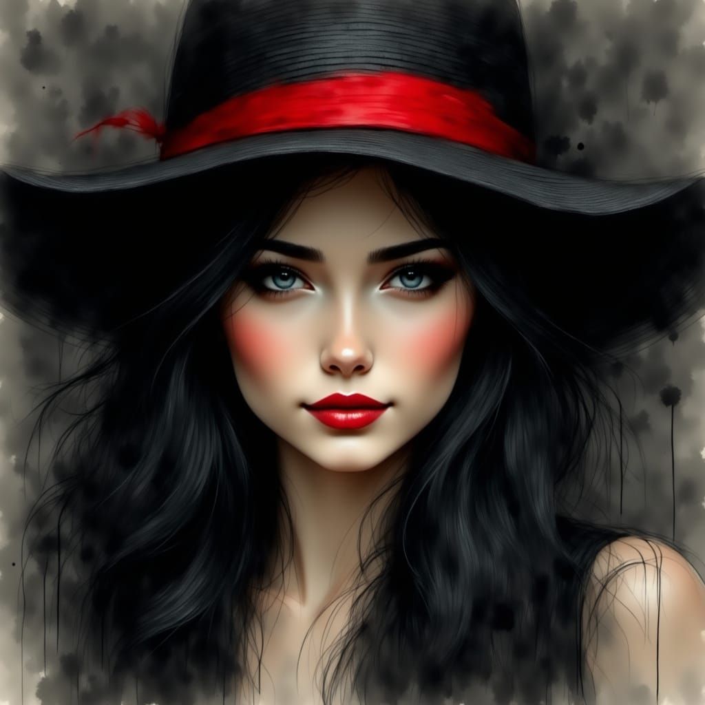 Striking Woman with Black Hat and Red Lipstick