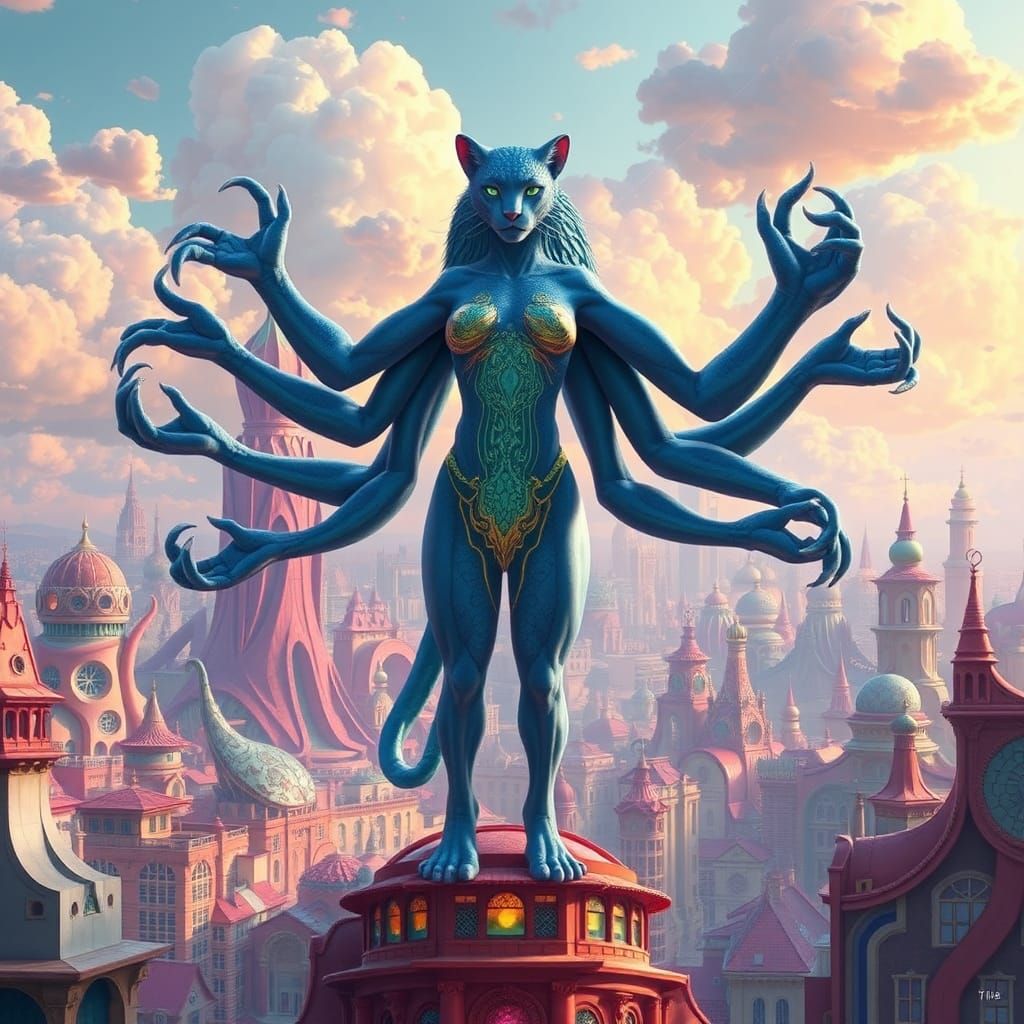 Surreal Cityscape with Six-Armed Leopard Woman