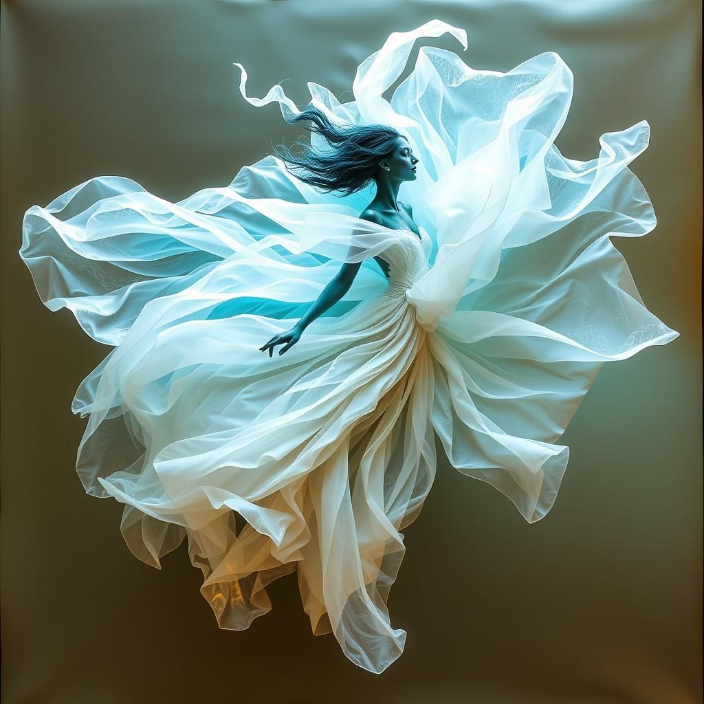 Woman Dancing in Vaporous Dress: Surreal Metallic Art