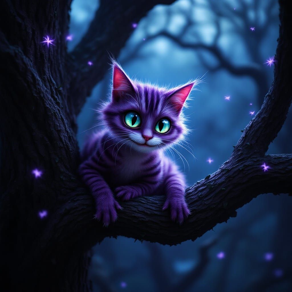 Whimsical Purple Cheshire Cat Vanishes into the Darkness