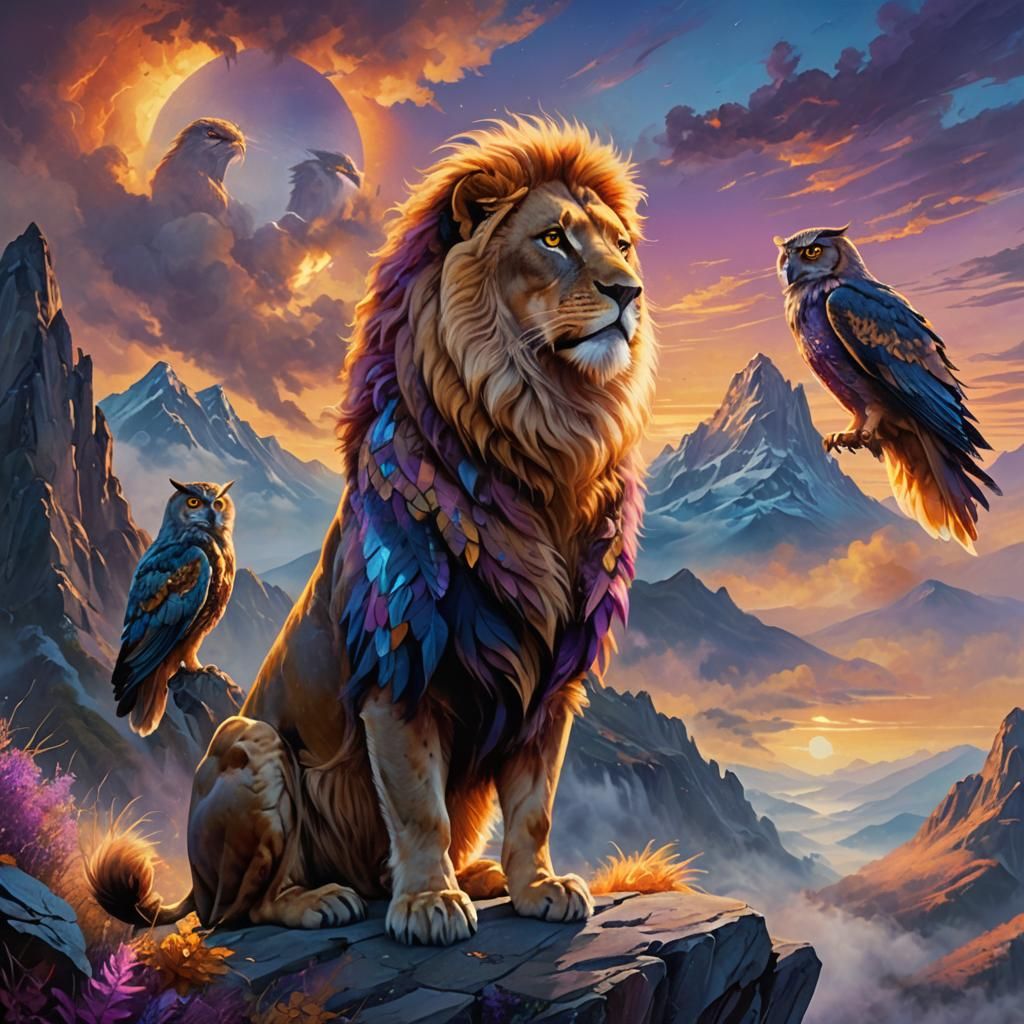 Lion and Owl on Misty Peak, Oil Painting