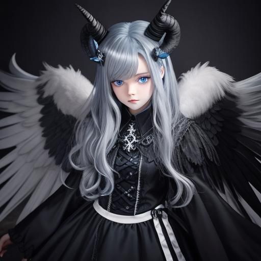 Fallen Angel with Blue Eyes and Curled Horns