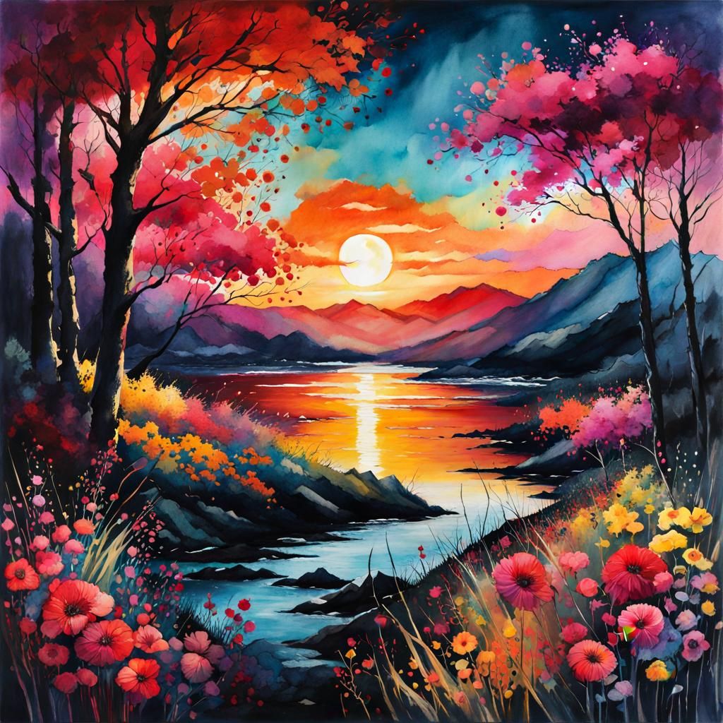 Blood Moon Summerscape in Digital Watercolor Illustration