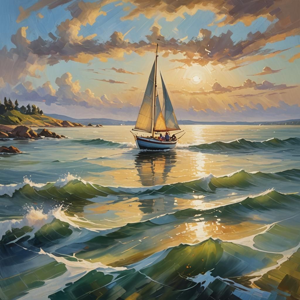 Impressionist Sailor Navigating Choppy Coastal Waters