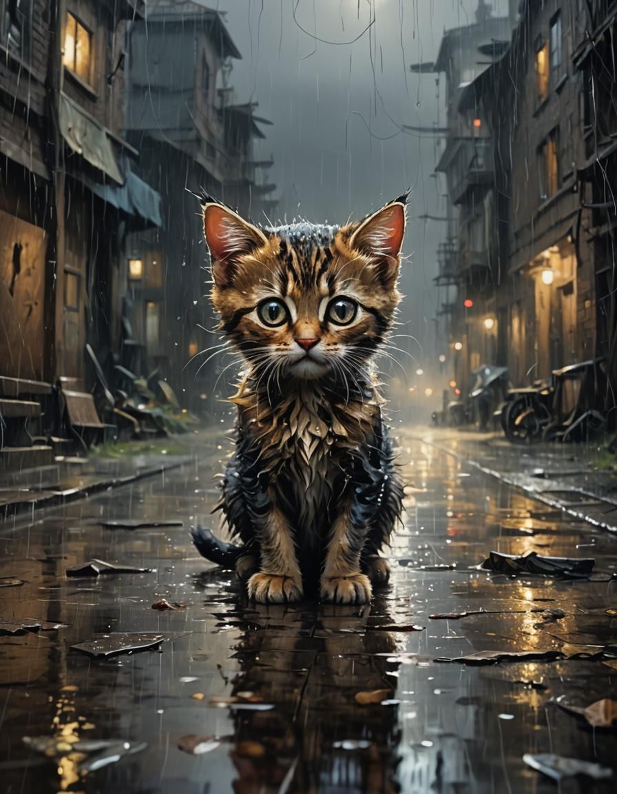 Crying Kitten in Rain: Gloomy Dark Fantasy Art