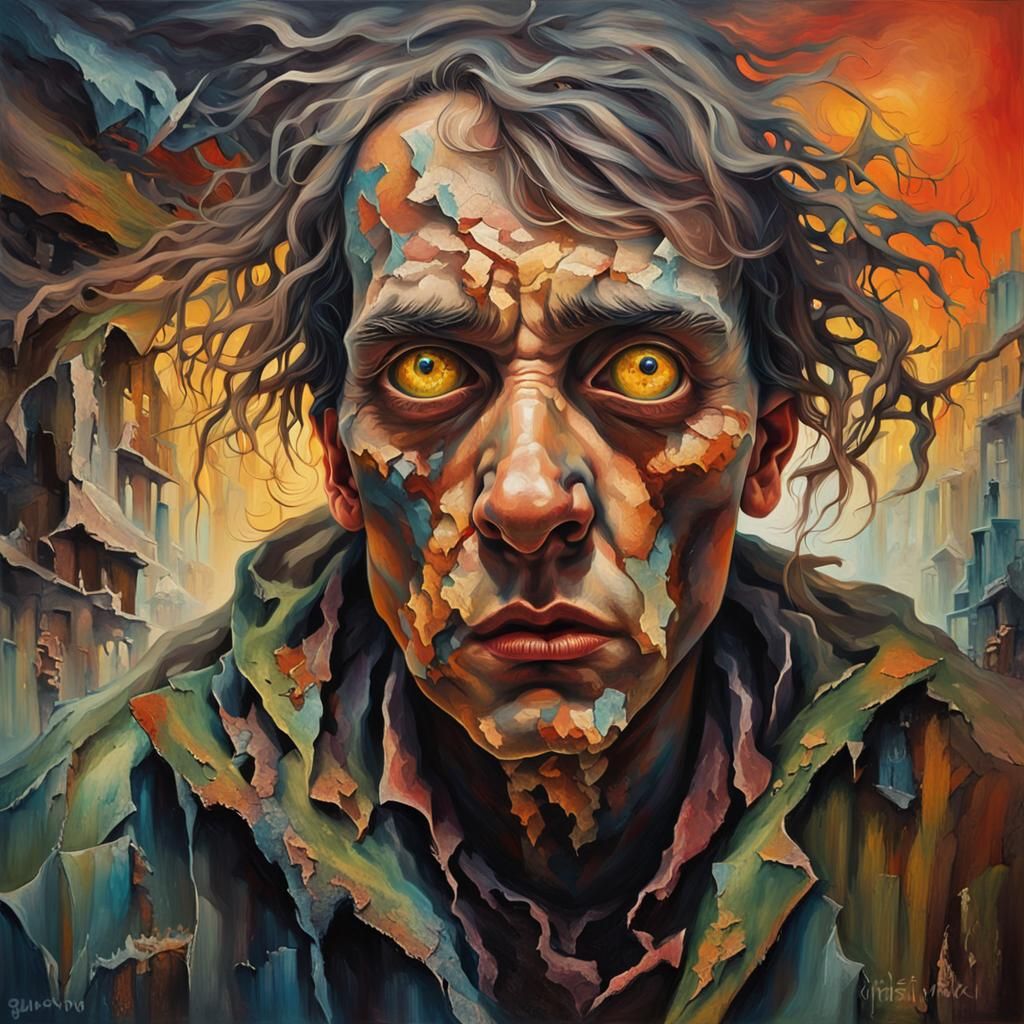 Surreal Portrait of Figure in Crumbling Landscape