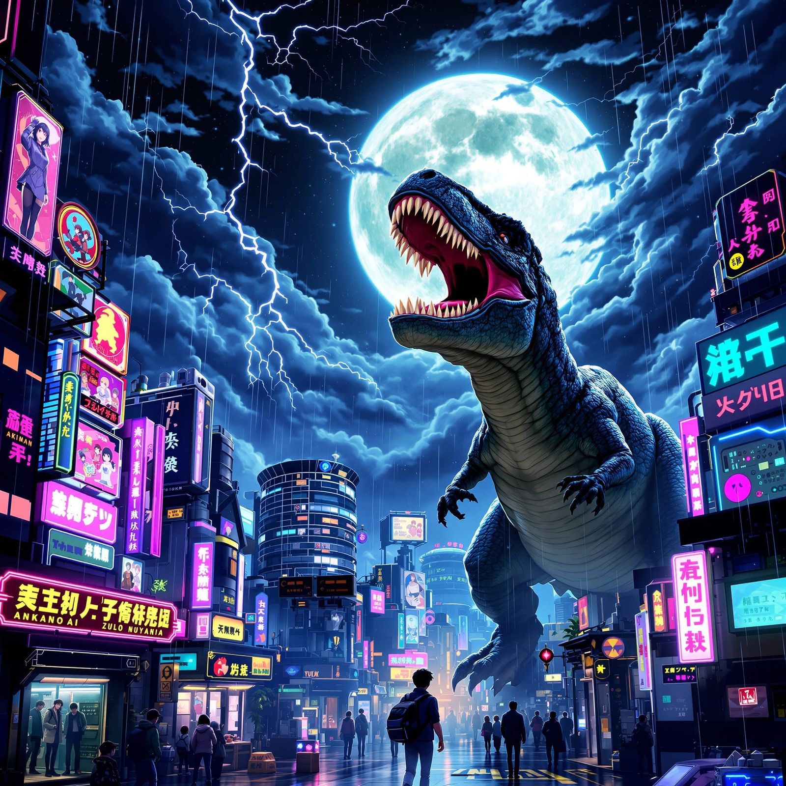 Futuristic Cityscape with T-Rex and Neon Lights