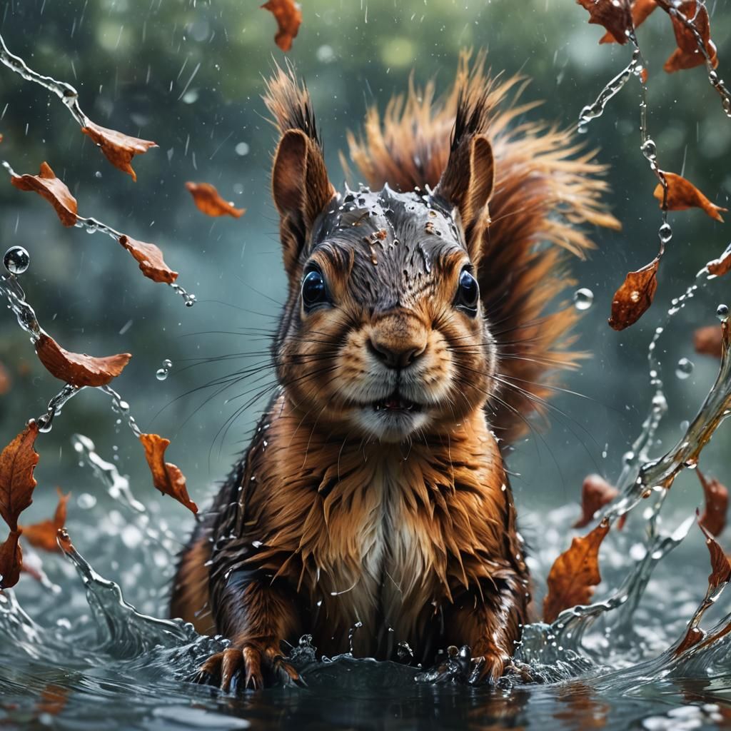 Hyperrealistic Squirrel Swimming: Detailed Digital Painting