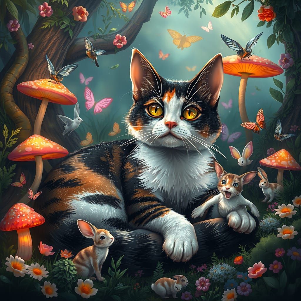 Whimsical Calico Cat in a Vibrant Magical Garden