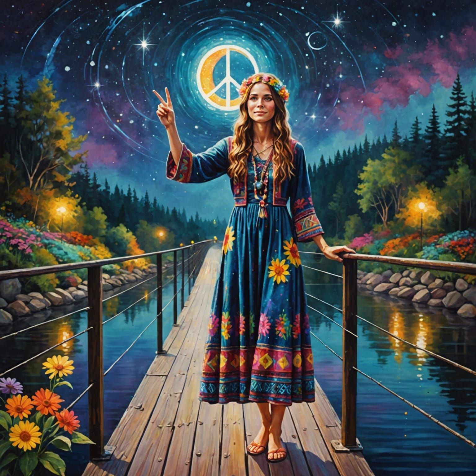 Hippie Girl Peace Sign Under Starry Night Sky