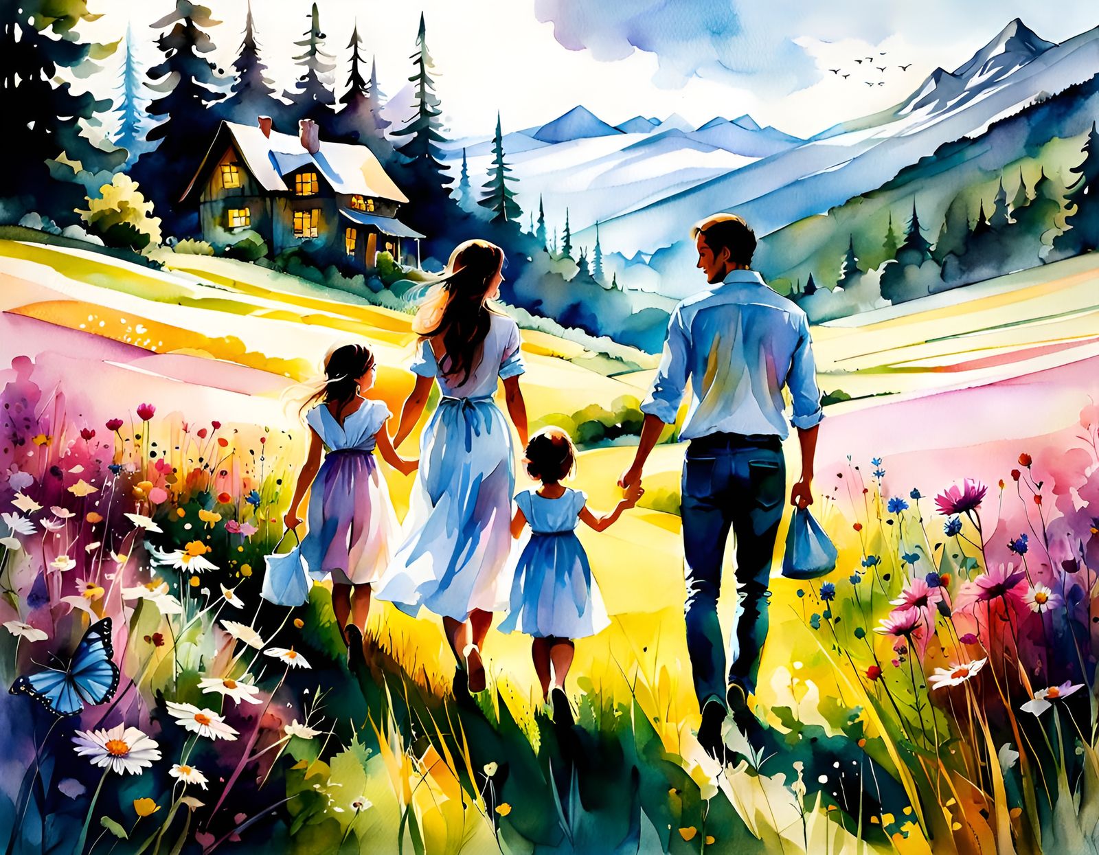 Family in Meadow: Digital Watercolor Illustration