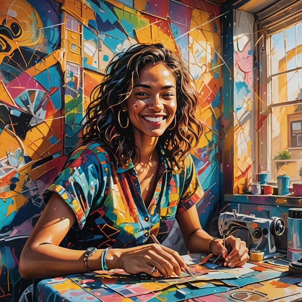 Smiling Woman Sewing: Vibrant Street Art Portrait