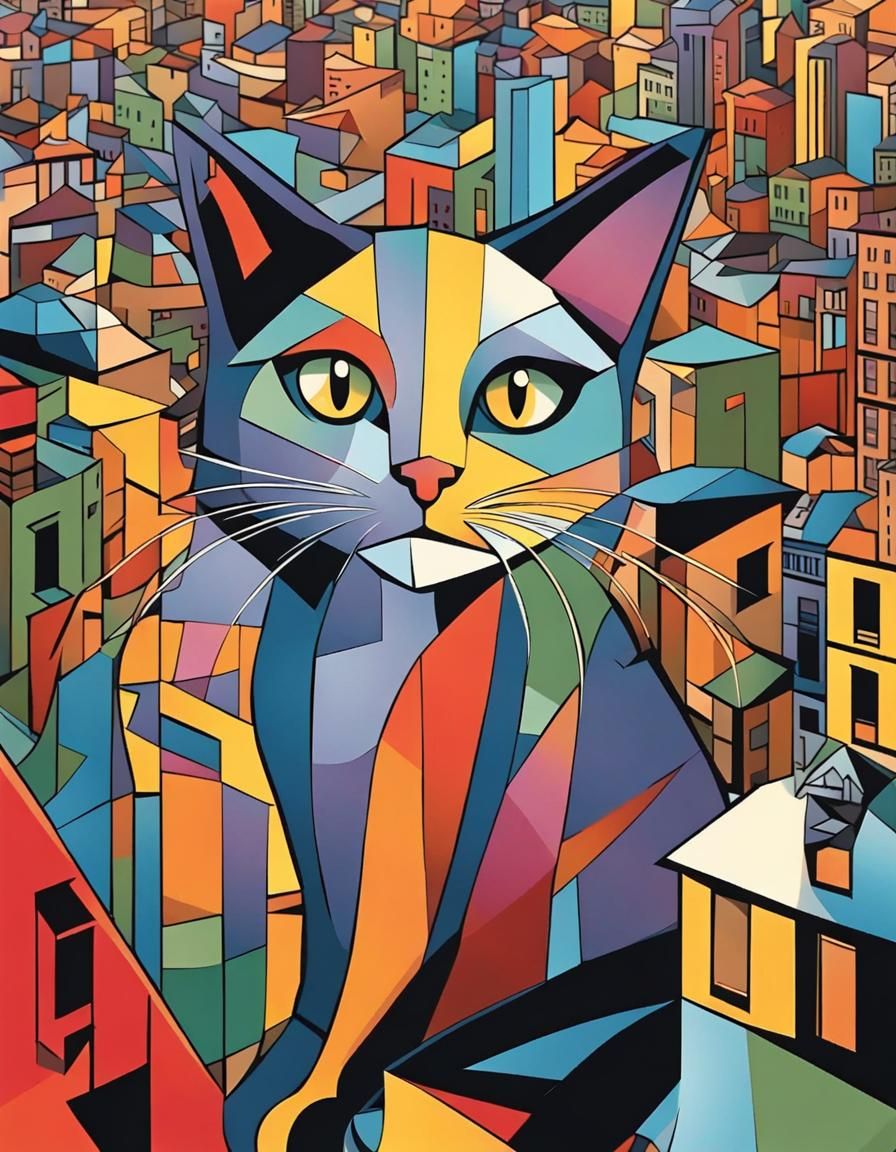 Colorful Cubist Cat in Pop Art Style
