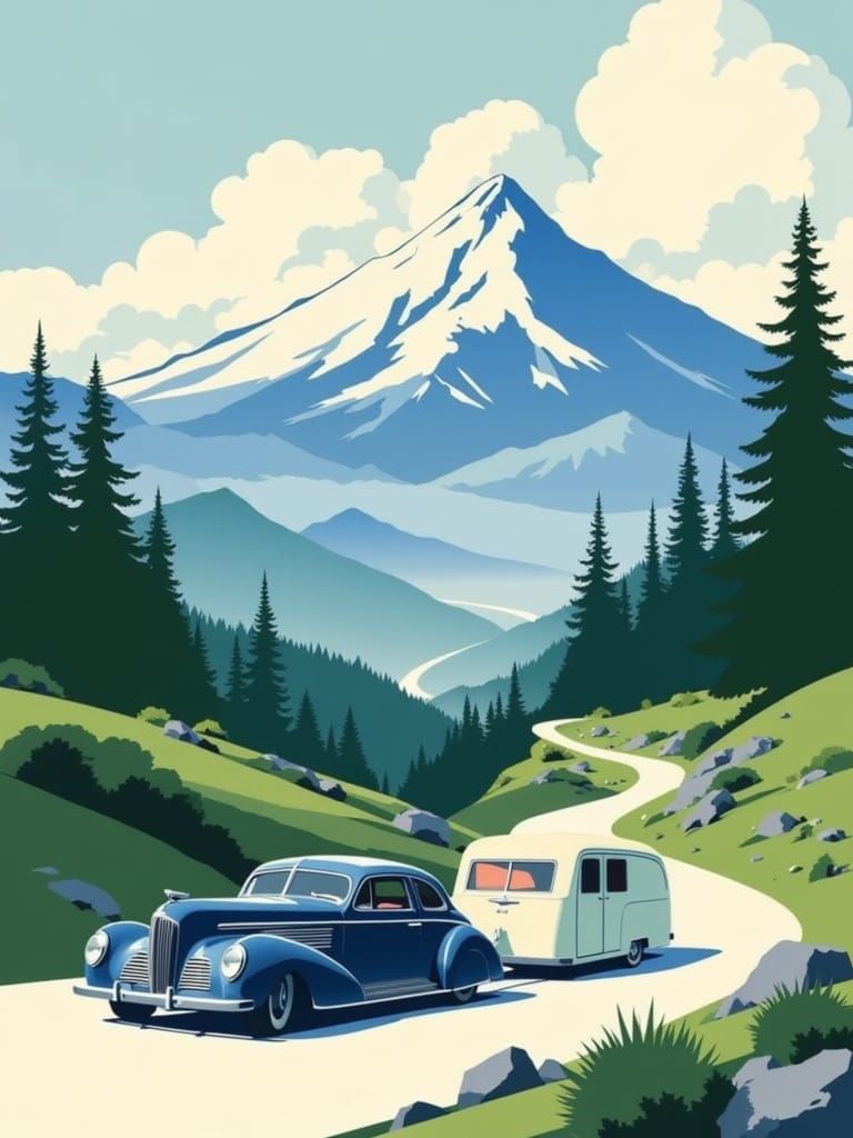 Surreal Japanese Landscape with Vintage Automobile and Teard...