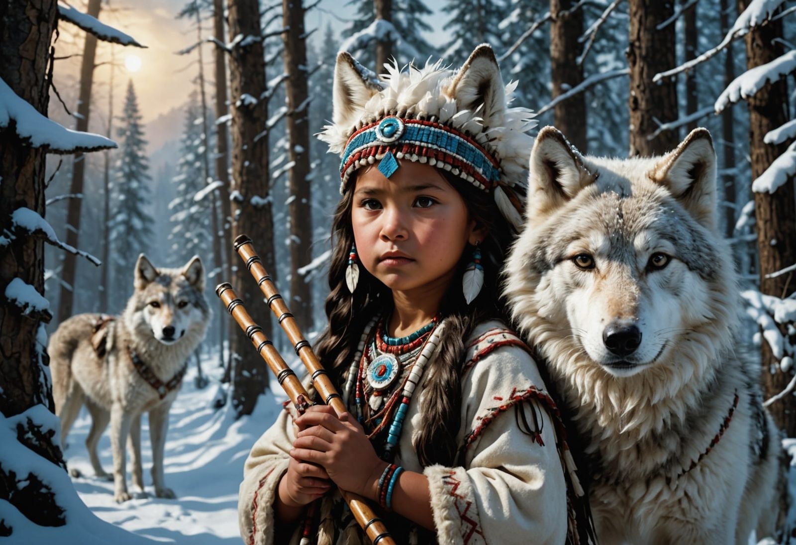 Native American Baby Girl and Wolf in Forest