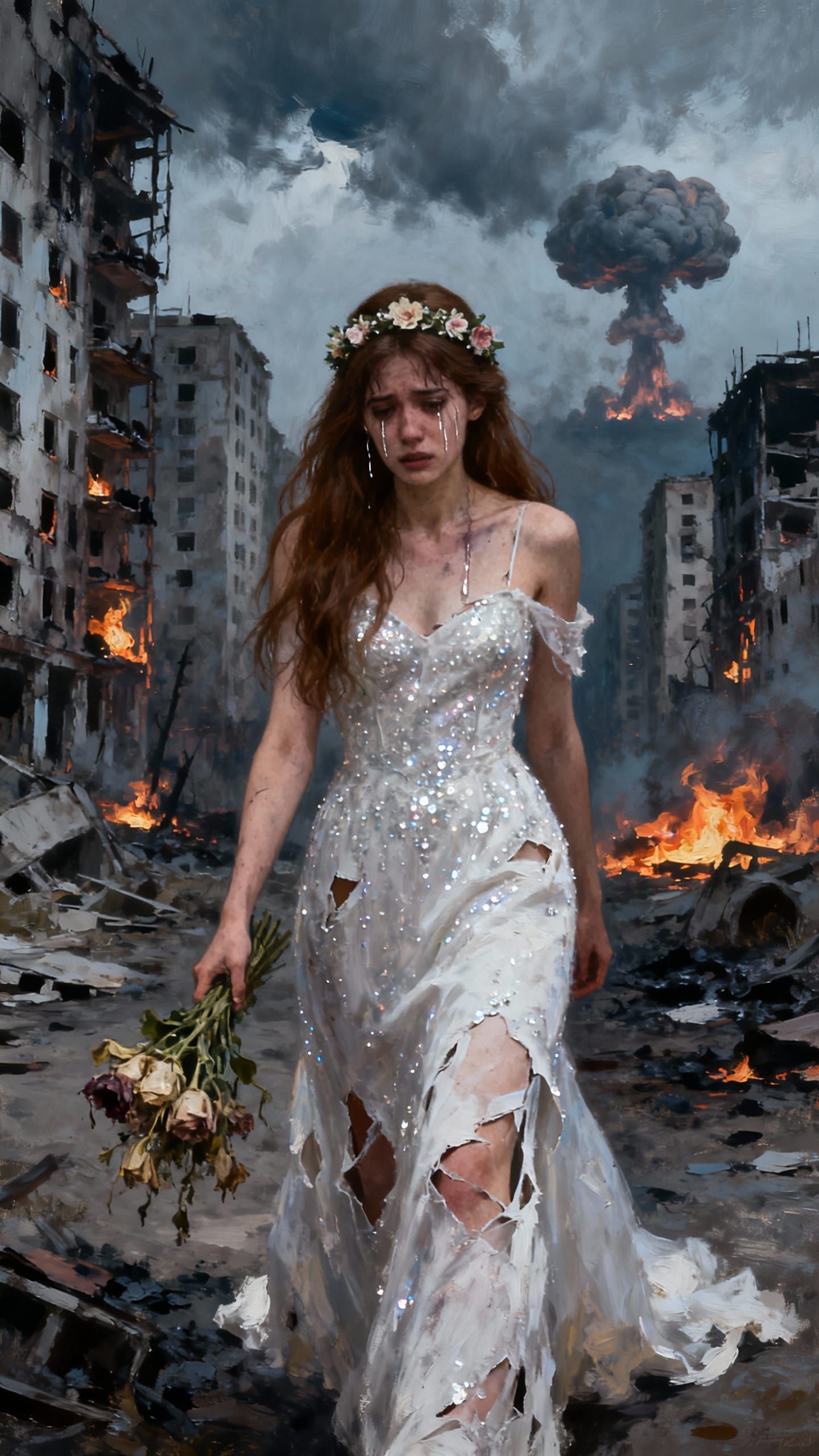 Devastated Bride in Post-Apocalyptic City Oil Painting