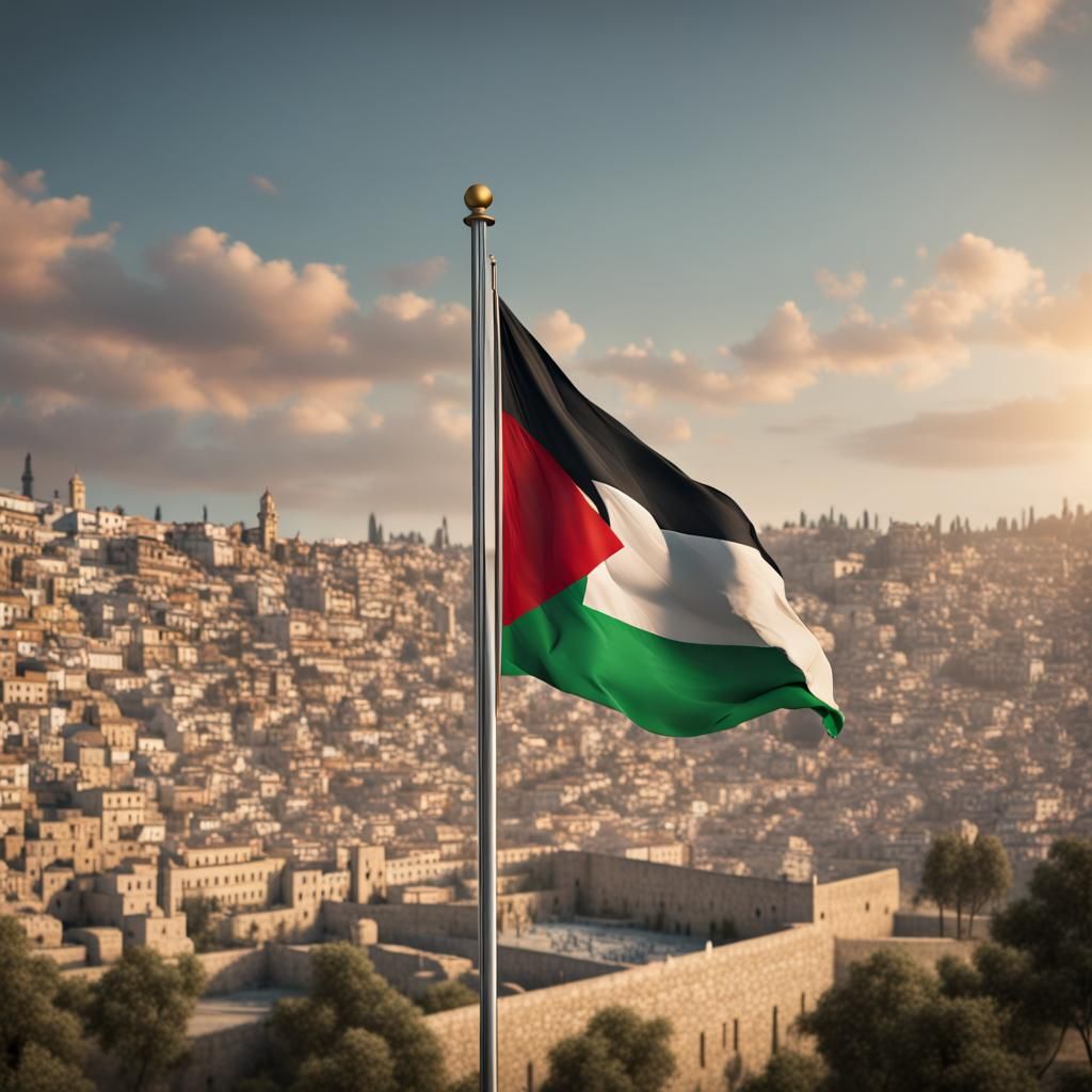 Palestinian Flag Over Jerusalem: Hyperrealistic Splash Art