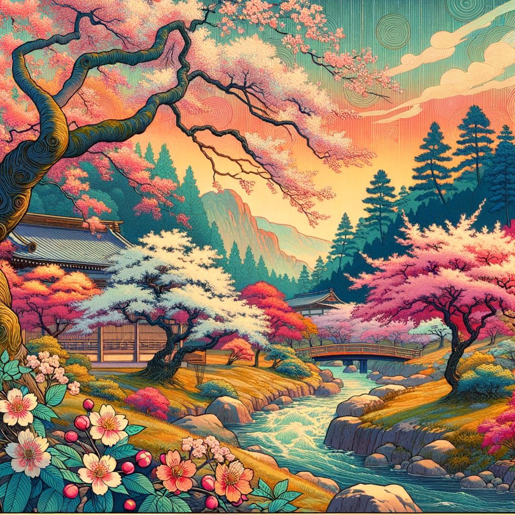 Japanese Cherry Blossoms in Ukiyo-e Impressionist Style