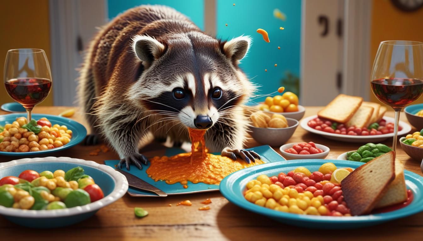 Hyperrealistic Raccoon Abseiling onto Dinner Table