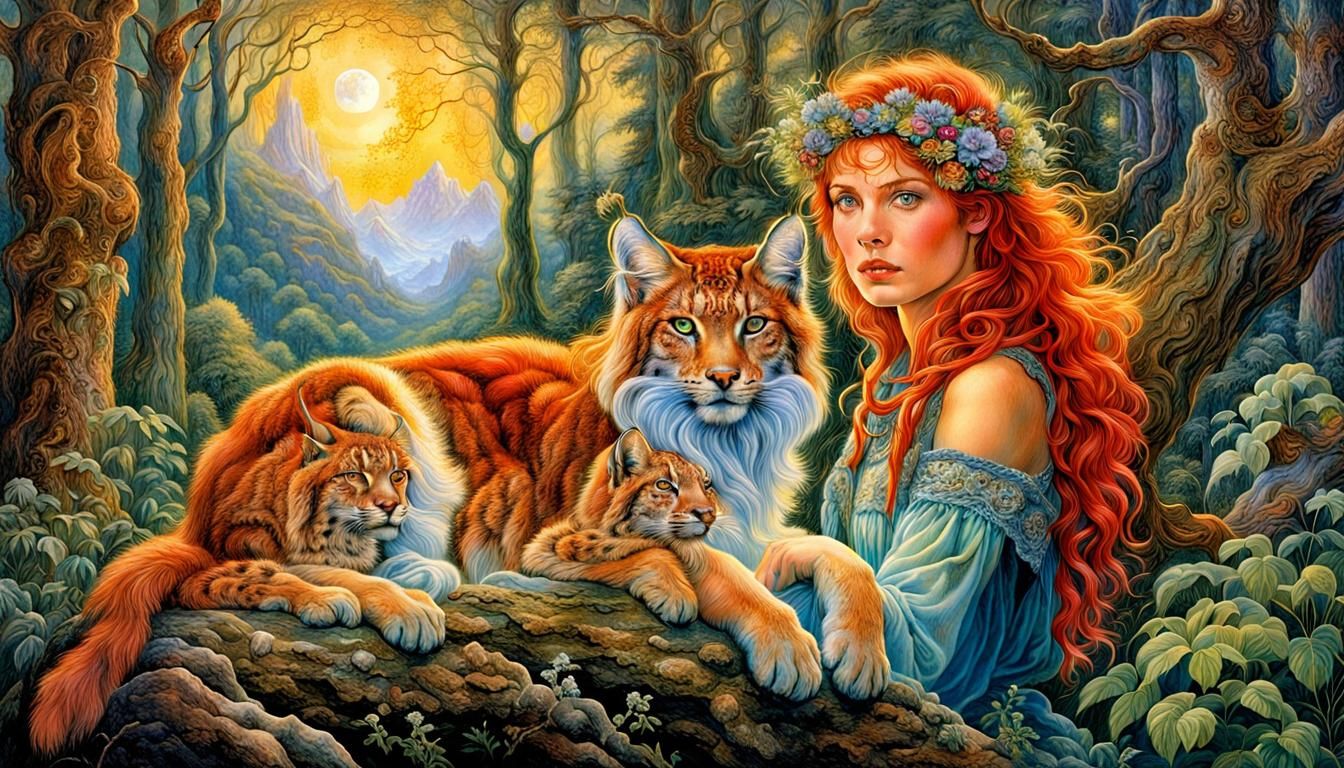 Red Haired Woman and Lynx in Forest Dreams